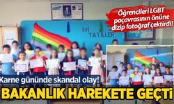 Karne gününde skandal olay! Öğretmen, karne pozuna LGBT paçavrasını dahil etti