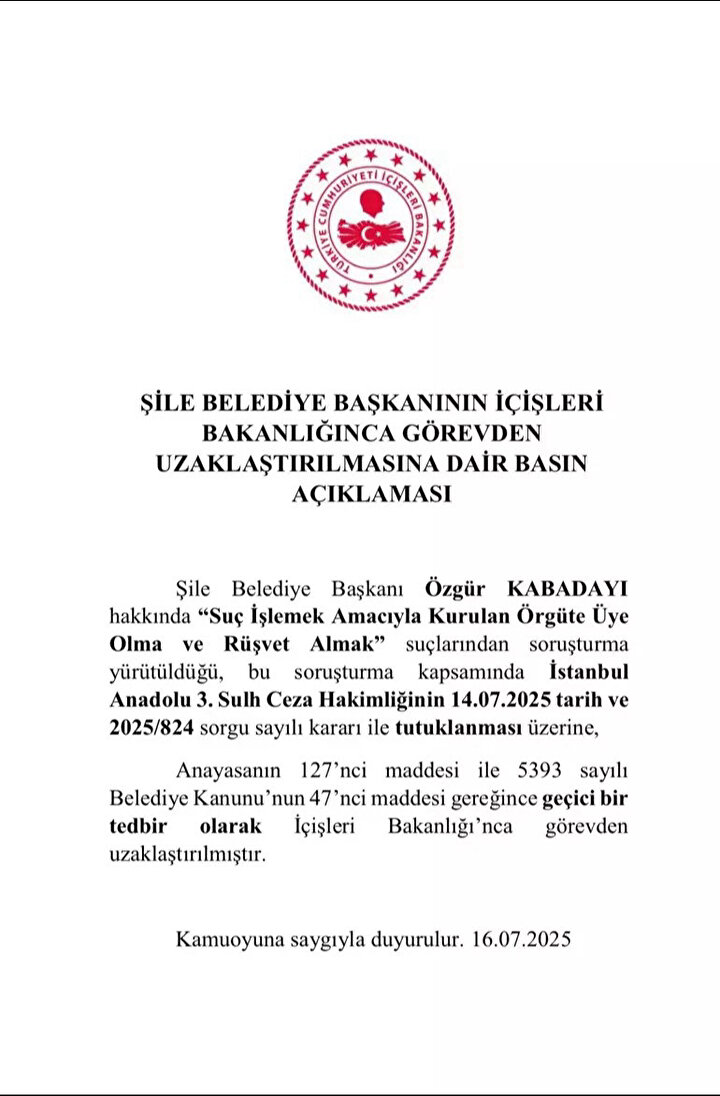 Şile Beşediye Başkanı Görevden Uzaklatırma Yazısı